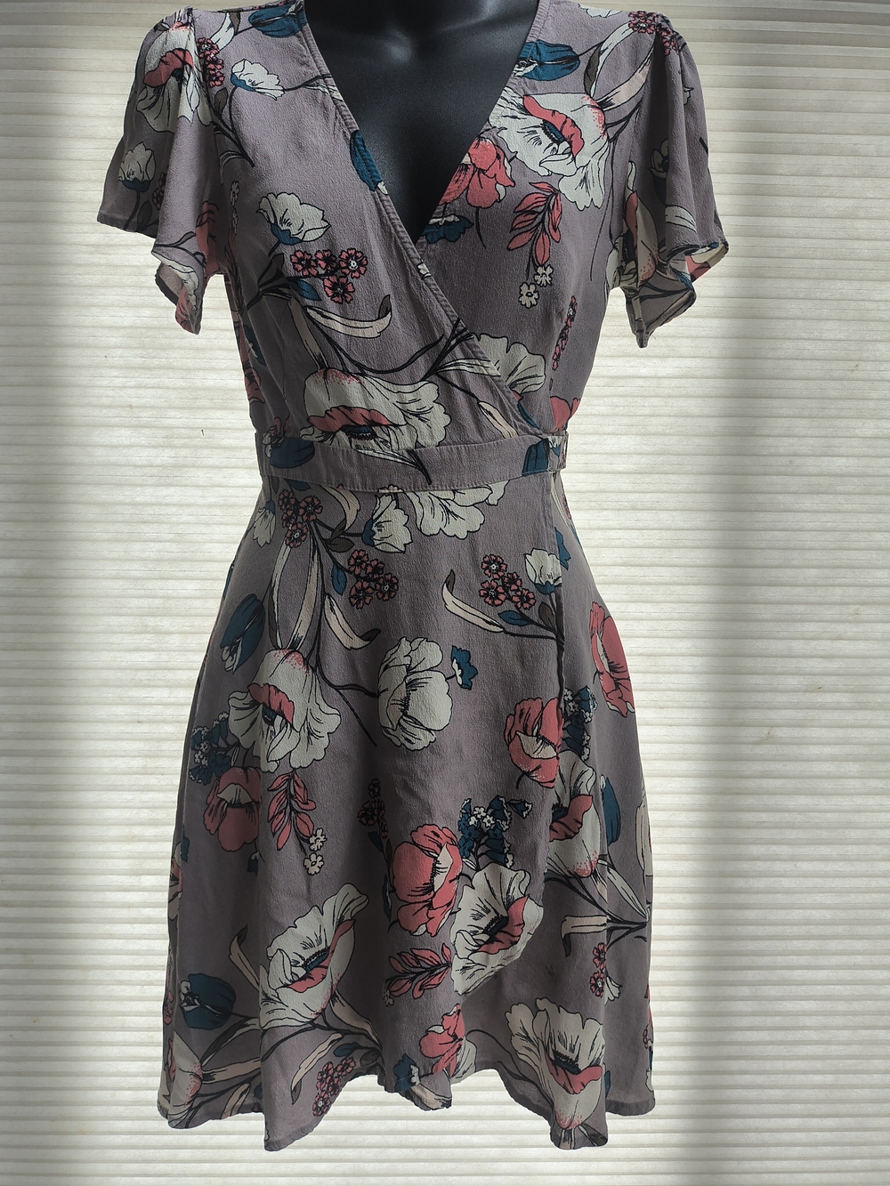 Astr Floral Wrap Mini Dress - Taupe with Coral & Teal Accents